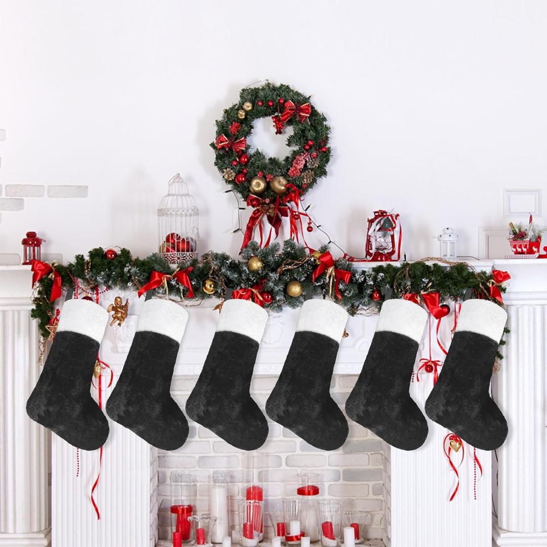CCINEE Christmas Black Stockings,6 Pack 18 Inches Large Stockings with Plush Cuff,Classic Christmas Stockings Decorations for Xmas Party Favor Gifts Fireplace Decor