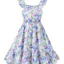 Girls Summer Floral Dresses A Line Halter and Ruched Ruffle Hem High Waist Spring Midi Dress Girls Purple Butterflies Dresses Size 10 for Teens (White)