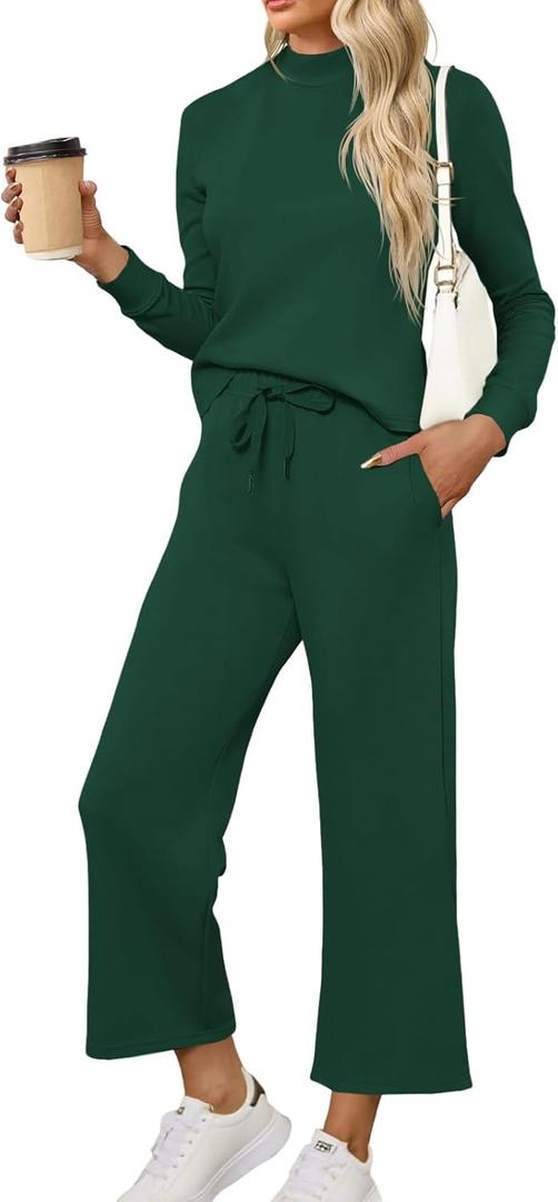 Tankaneo Womens 2 Piece Sets Mock Neck Long Sleeve Tops Wide Leg Pants Lounge Set Vacation Travel Fall Outfits Tracksuit (Medium, Dark Green)