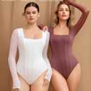 Avidlove Women's Long Sleeve Bodysuits Square Neck One Piece Body Suit Mesh Leotard Tops Double Lined Soft (Red, M)
