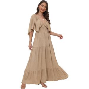 SUNNOW Women's Summer V-Neck, Tiered Silhouette with Flutter Sleeves Maxi Dress (as1, Alpha, M, Regular, Regular, GA) M