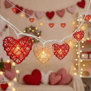 8.5ft Valentines Day Heart String Lights Plug in, Vintage Rattan Lights with 10 LED Red Pink Shatterproof Bulbs, Fairy Lights for Indoor Outdoor Home Decor Wedding Party Birthday, Warm White