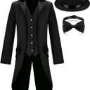 Geyoga Halloween Mens Steampunk Vintage Tailcoat Jacket Costumes Medieval Gothic Uniform and Hat Bow Tie (Large, Black)