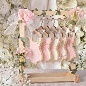 Suclain Mini Wooden Cookie Hangers and Rack Display Stand for Baby Shower Bridal Shower with 6 Hangers, Wood Cookie Rack with Faux Flowers, Vines, Ribbon and Treat Bags for Candy Table Wedding(Pink)