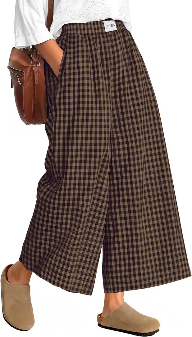 Neer Women's Plaid Gingham Skirt Pants Flowy Oversized Wide Leg Culottes Elastic Waist Palazzo Casual Trousers with Pockets XXL