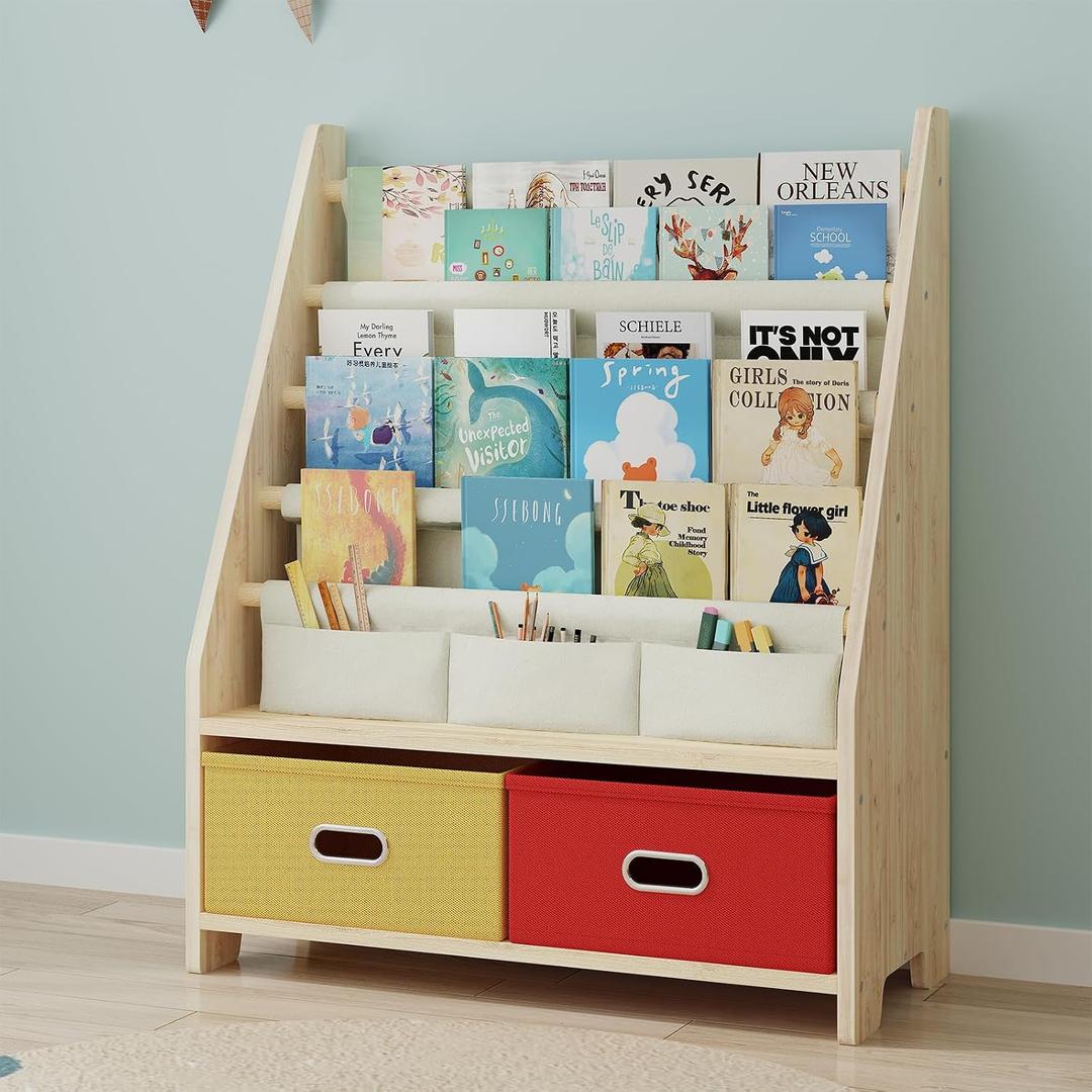4 Tier Kids Book Shelf, Wooden Kids Book Rack Storage Bookshelf with Toy Storage Organizer, Toddler Sling Bookshelf for Boys, Girls, Play Room, Nursery, Red/Yellow, 30.7x24.8x11 inches