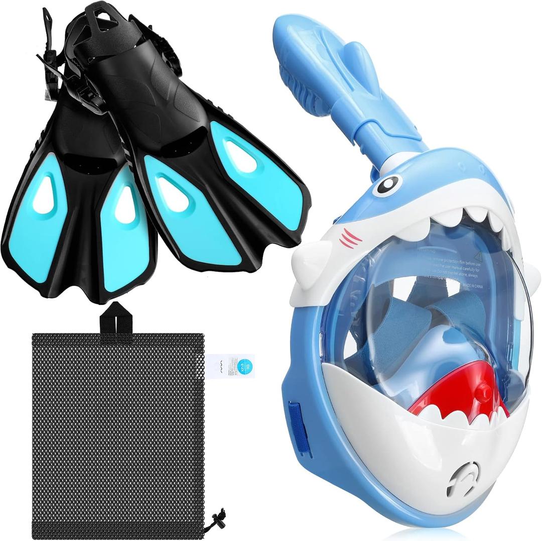 Moukeren 2 Pcs Full Face Snorkel Mask for Kids with Adjustable Swim Fins 180 Degree Panoramic View Shark Snorkeling Gear Diving Fins Swim Flippers for Children Boys Girls