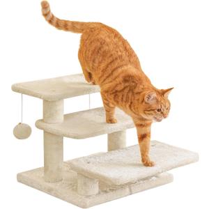 15''H Multi-Step Pet Stairs for High Beds & Sofas, 3-Step Cat Stairs with 2 Toy Balls, Wide Boards for Indoor Kittens Dogs Pets Climbing, Beige