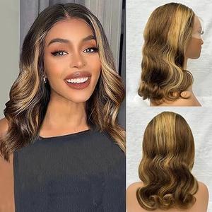Honey Blonde Bob Wig Human Hair 14 Inch 13x4 Body Wave 4/27 Highlight Ombre HD Lace Front Wigs Human Hair Pre Plucked Glueless Lace Frontal Bob Wigs 