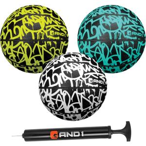 AND1 Mini Basketball 3 Pack Set for Kids (Deflated w/Pump Included): - Size 3 7-Inch Premium Youth Size Basketballs, Easy to Grip (Graffiti)