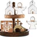 Empty Tomb Easter Scene Tray Bundle Kit Easter Decor with Dove Cross Wooden Signs Tiered Tray for Indoor Home Table Mantle Office