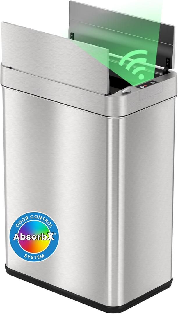 iTouchless 50 Liter / 13 Gallon Wings-Open Lid Sensor Kitchen Trash Can with Odor Filter  Dog-Proof Slim Automatic Stainless Steel Garbage Recycling Bin for Home, Office, Bedroom, Business or Garage (Mist Silver, Brushed)