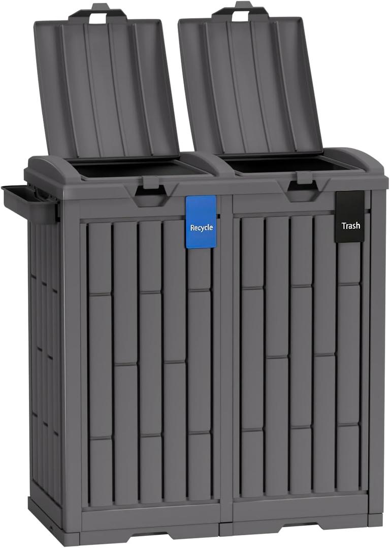 FDW 60 Gallon Dual Outdoor Trash Can with Lid, Double Bin Garbage Can with Safe Ashtray for Waste Sorting, Patio & Garden