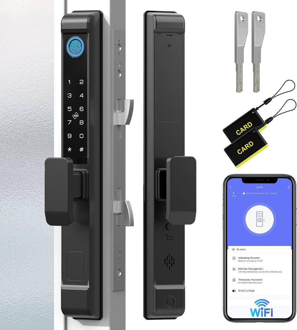 Anweller 2885 Mortise Sliding Glass Door Lock, Smart Fingerprint Code Keypad RFID Remote App Electronic Digital Biometric Safety Patio Door Double Hook Mortise Lock Set with Handle