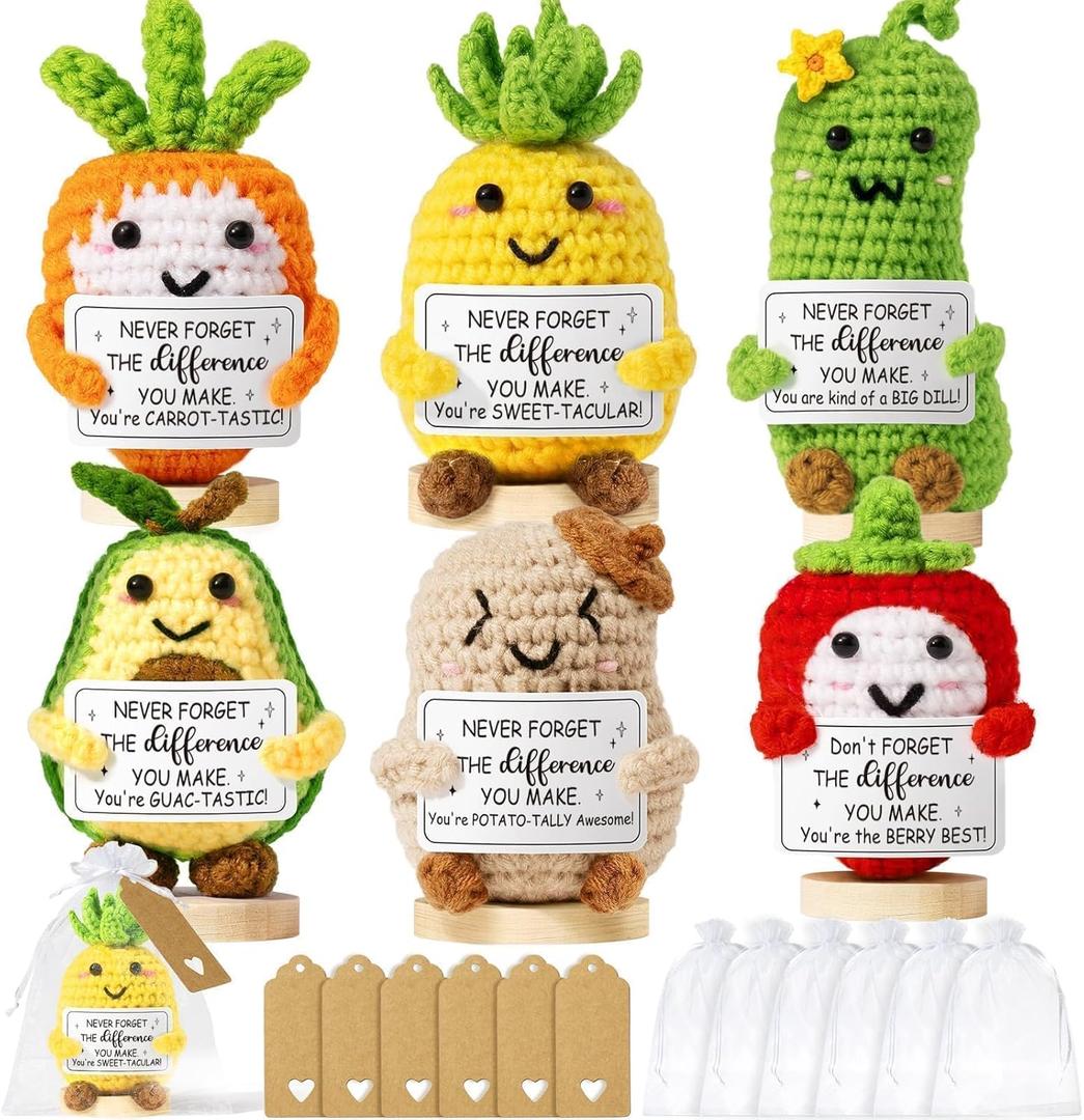 Thank You Gifts for Women 6PCS Positive Crochet Vegetables & Fruits, Employee Appreciation Gifts Emotional Support Crochet Buddies Administrative Professional Day Gift Easter Basket for Women Coworker