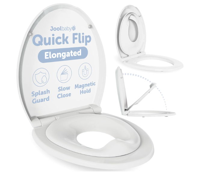 Jool Baby Quick Flip Toilet Seat with Built-in Potty & Splash Guard for Toddler Training, Slow Close (Elongated)