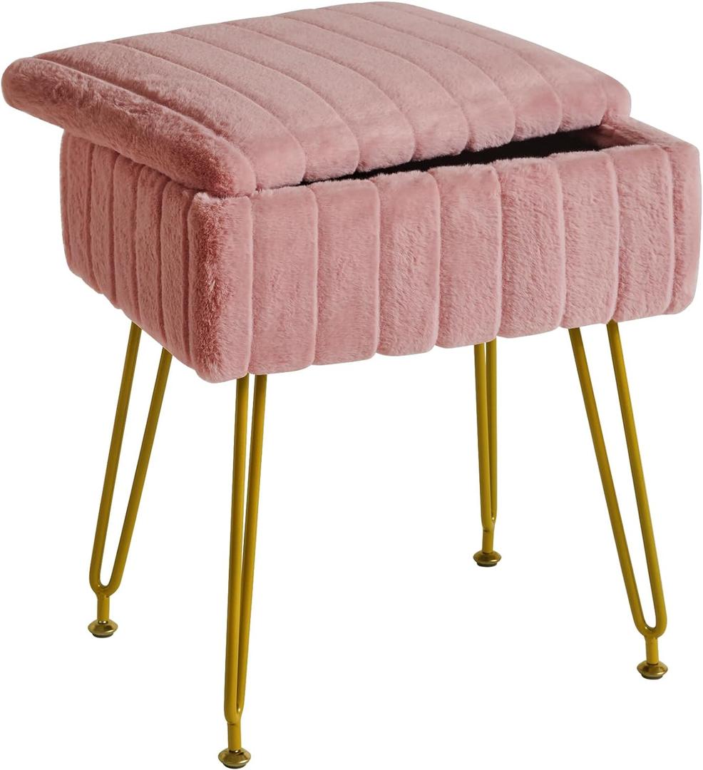 IBUYKE Stool Chair with Storage Space, Footrest Footstool Ottoman, Small Side Table, with 4 Metal Legs, with Anti-Slip Feet, for Makeup Room, Bedroom, Faux Fur, Pink LG-50P