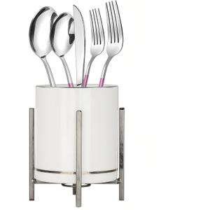Farmhouse Flatware Holder for Dinner Table, Kitchen Holder for Serving Utensils, Decorative Cutlery Utensil Holder for Kitchen or Parties, Cup with Silver Trim, 1 Pcs