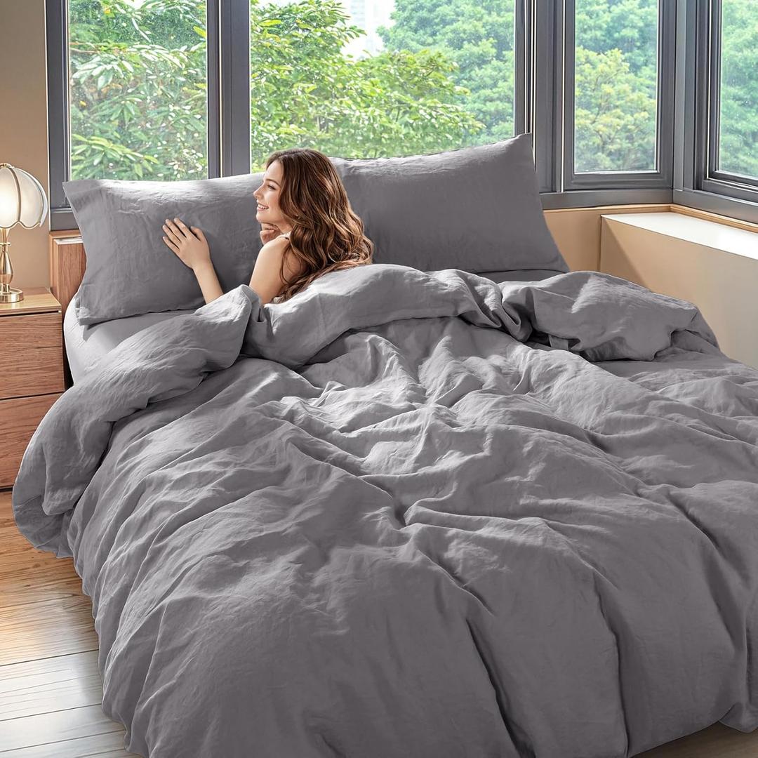Shilucheng 100% Linen Queen Duvet Cover Set, Luxury Pure Natural French Flax Linen Duvet Cover with Zipper Closure & Corner Ties, Cooling Breathable Comforter Cover 3 Piece (Dark Gray)