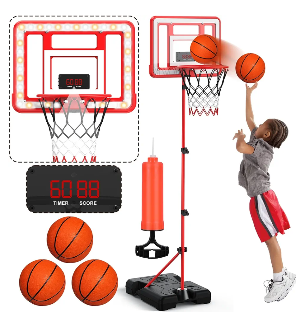 Kids Indoor Basketball Hoop with Scoreboard & Timer,Toddler Adjustable Height Basketball Goal Toy for Outdoor Backyard,Sports Game Play