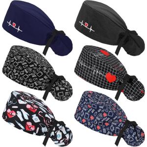 Honoson 6 Pcs Scrub Caps for Women with Buttons, Adjustable Bouffant Surgical Caps with Ponytail Holder, Cotton Nurse Hats (Heart Color)