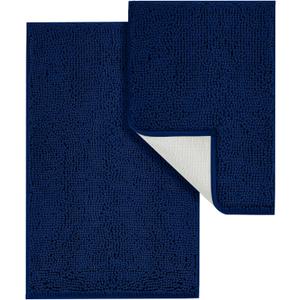 Shaggy Set 2 piece, Plush Chenille Bathroom Mats with Non-slip Backing, Absorbent Rugs (24x16 + 32x20), Navy Blue