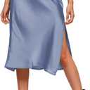 Amy Babe Womens Satin Silk High Waist Slit Midi Skirt Elastic Waistband Midi Skirts for Women (Blue, M)