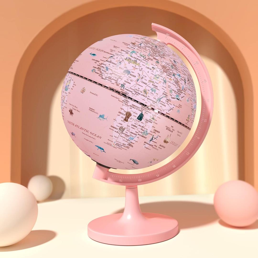 Pink Globe for Kids Learning Illuminated Globes of the World with Stand & Animals Illustrations Earth World Globe Night Light for Girls Room Decor Classroom Educational Tool Birthday Gift (8 inch PINK globe)