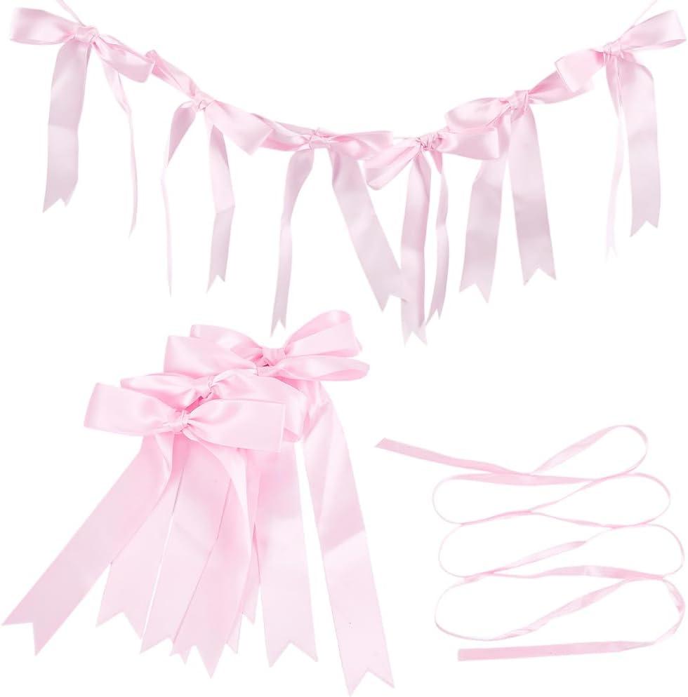 Pink Ribbon Bow Hanging Garland Coquette Party Decorations 10Pcs Bowknots 9.8 Feet Ribbon Bow Banner Garland for Wedding Bridal Shower Birthday Bachelorette Celebration Photo Props Decor