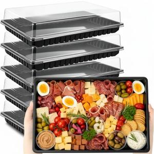 Shellwei 5 Pack Extra Large Charcuterie Board with Lids, 15 x 10 Inch Plastic Catering Trays for Cookies, Desserts, Candy, Reusable Serving Platters for Travel Party