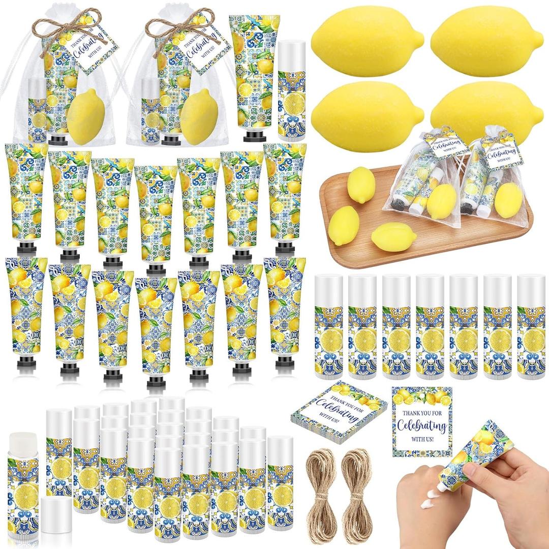 75 Pcs / 25 Sets Capri Lemon Baby Shower Party Favors for Guests Sweet One Italian Lemon Shaped Soaps Bridal Shower Return Gifts Lip Balms Hand Cream for Bridal Wedding Gender Reveal