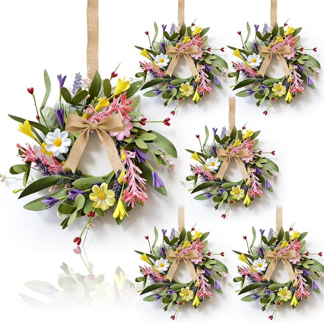 6 Pcs Small Spring Hanging Wreaths for Cabinets with Pink White Daisy Flower Mini Artificial Purple Wild Flower Summer Floral Candle Rings Wreath for Home Kitchen Front Door Window Porch Wall Wedding