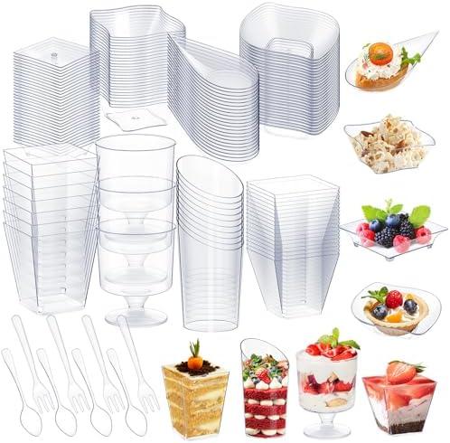 Tessco for you 400 Pcs Mini Appetizer Plates Dessert Cups Spoons Forks Set Dessert Containers Assorted Shape Plastic Parfait Cups Disposable Spoon Forks for Party Serving (Clear)