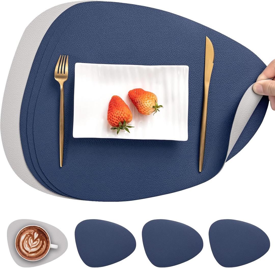 Myir JUN Placemats, Dual-Sided Placemats Waterproof Faux Leather Placemats Set of 4 Place Mats and Coasters Non-Slip Washable Table Mats for Dining Table (Light Gray Blue, Set of 4)