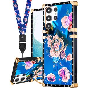 Loheckle for Samsung Galaxy S24 Ultra Case for Women Girls Teens Designer Cute Cases with Ring Stand Holder and Lanyard Stylish Aesthetics Peony Luxury Cover for S24 Ultra