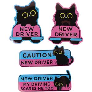4pcs Black Cat New Driver Car Magnets, Cute Cartoon Shivering Cat Caution Student Driver Safety Signs Reusable Magnetic Bumper Stickers Funny Car Decals for Beginners Novice Drivers Pink Gifts
