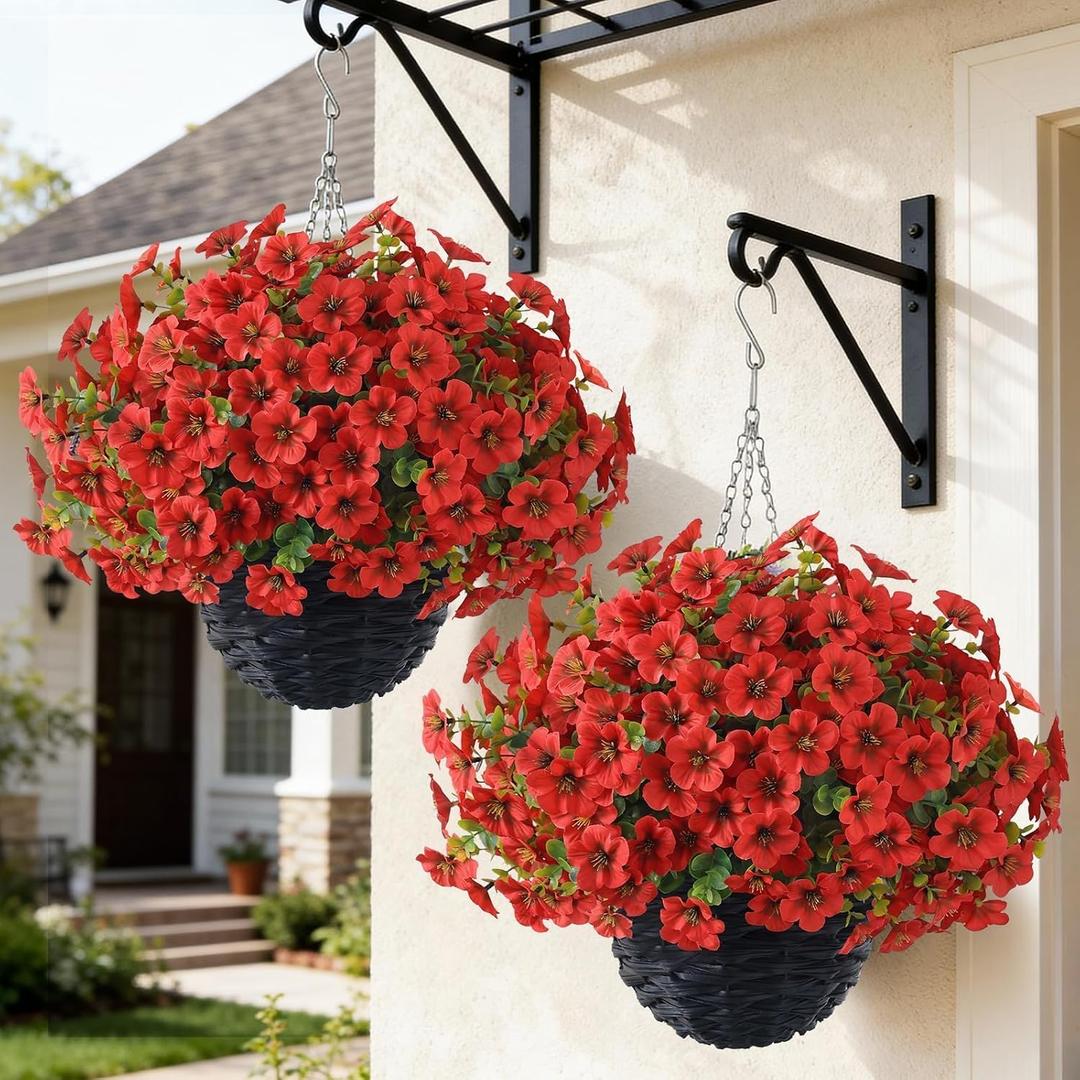 VIERENA 2 Sets Artificial Morning Glory and Eucalyptus Hanging Basket for Outdoor, UV-Resistant Fake Flower Hanging Basket, Suitable for Porch, Aisle, Garden, Patio, Eaves Decor (Red)