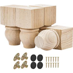 5 Inch Wooden Furniture Legs, Pack of 4 - Unfinished Solid Wood Bun Feet with 5/16" Hanger Bolts & T-Nuts for DIY Installation - Furniture Replacement & Riser for Sofa Cabinet Ottoman Dresser