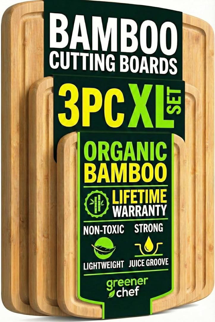 Greener Chef Luxury Wood Cutting Board 3-Piece Set with Vertical Grain Strength Technology - Extra Large Bamboo Cutting Boards for Kitchen with Deep Juice Grooves for Chopping - Lifetime Replacements