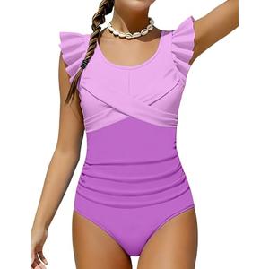 FoWear Bathing Suit for Teen Girls One-Piece Ruffle Trim Criss Cross Swimwear Contrast Color Tropical Seaside Girls Swimsuit Size 10