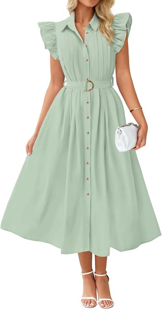 ZESICA Womens Summer Button Midi Dresses 2026 Flutter Short Sleeve Belted Business Casual Work Long Dresses with Pockets, Medium
