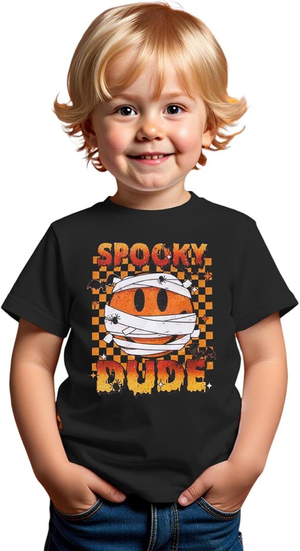 Toddler Halloween Shirts Baby boy Spooky Dude T-Shirt Funny Bandages Face Graphic Tee Bats Print Spooky Season Tops (18-24 Months, Black)