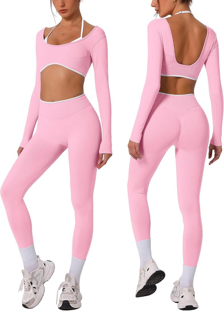 ABOCIW Workout Sets for Women Seamless Color Block Backless Long Sleeve Crop Top Scrunch Butt Lifting High Waist Leggings 2 Piece Gym Yoga Outfits Light Pink Small