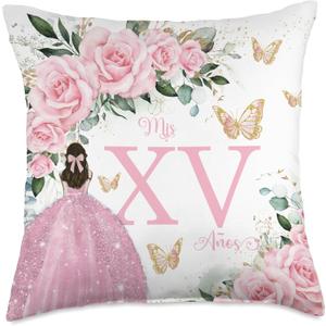 Pink Roses Floral Flowers Princess Quinceaera Mis XV Aos Throw Pillow (18x18)