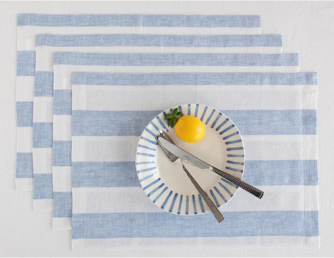 Solino Home Linen Placemats Set of 4 - Cabana Stripe Sky Blue and White Placemats 14 x 19 Inch - 100% Pure Linen Place Mats for Summer
