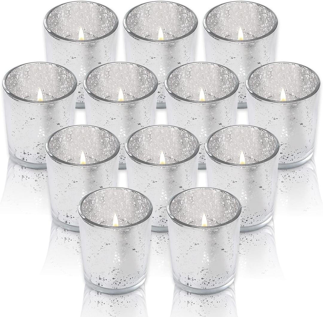 Silver Votive Candle Holders, Mercury Glass Tealight Candle Holder Set of 12, Perfect Centerpieces for Wedding, Party, Home Decor