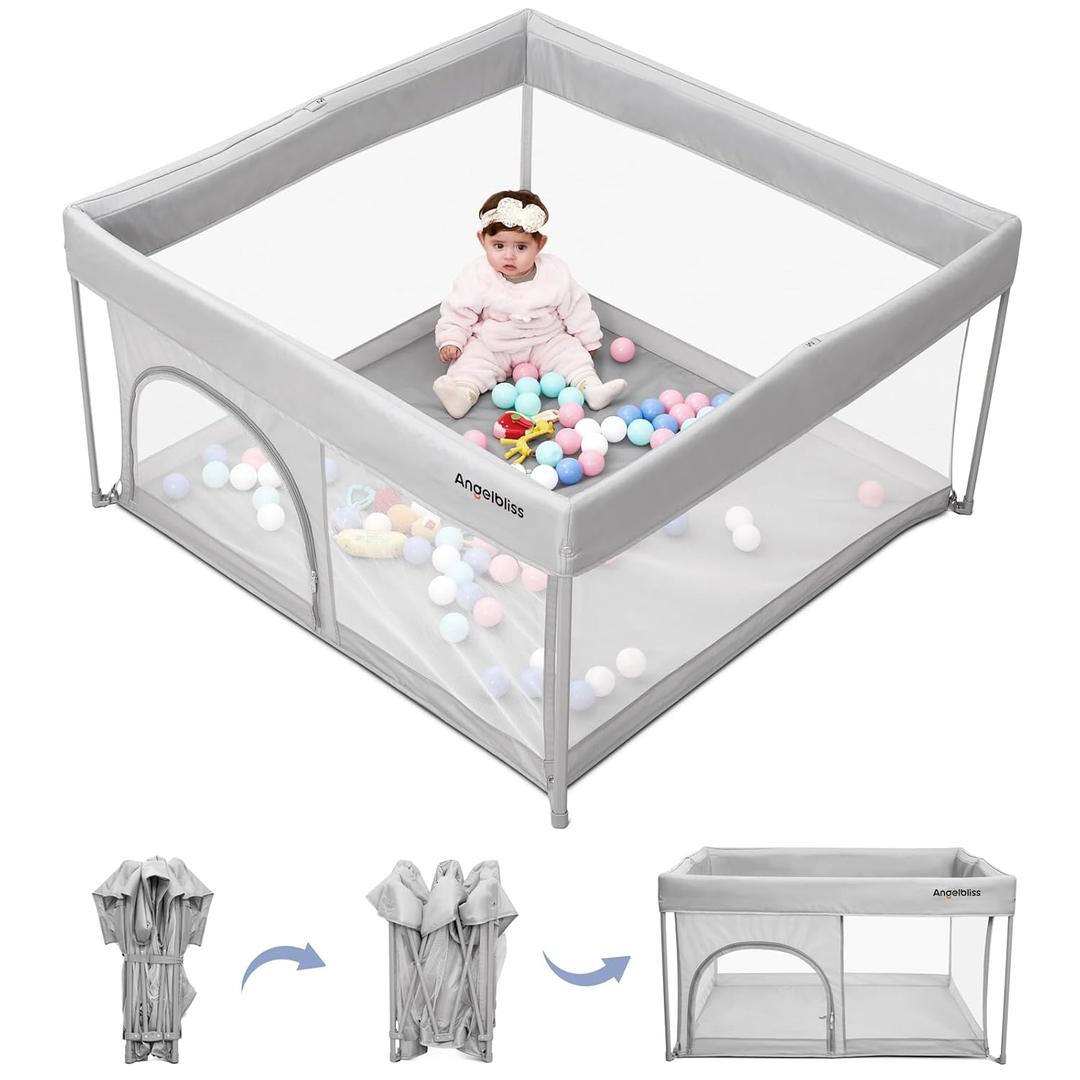 Foldable Baby Playpen 50"50", Out-of-The-Box Ready Playpen for Babies and Toddlers, Portable Play Yard with Breathable Mesh & ASTM F406 Certified(Light Grey) (Grey)