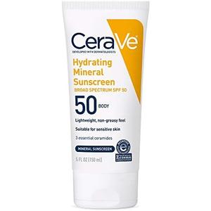 CeraVe 100% Mineral Sunscreen SPF 50 with Zinc Oxide & Titanium Dioxide, Hyaluronic Acid & Ceramides, Oil Free & Non-Greasy, Hydrating Mineral Sunscreen For Body, 5 oz