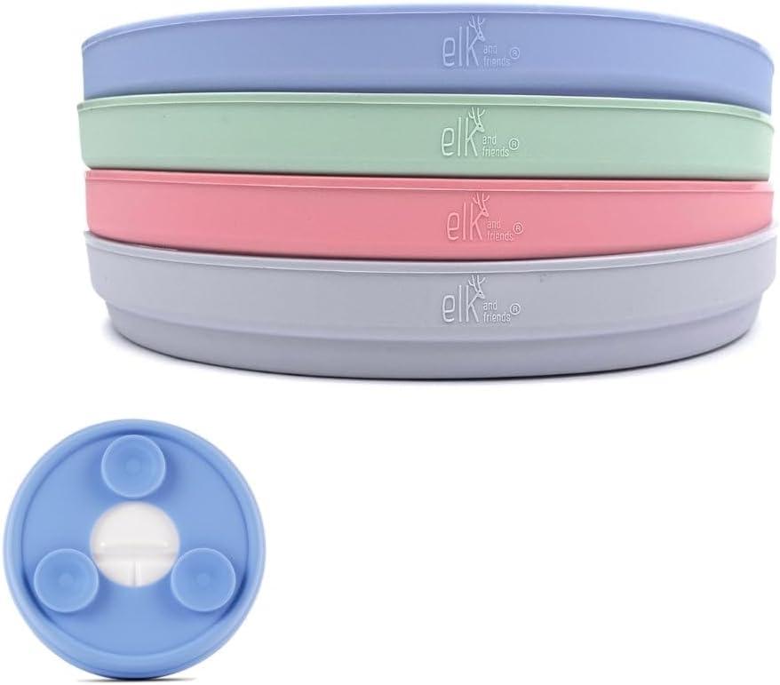 Elk and Friends Kids 6.7" Porcelain Plate Silicone Suction Sleeves | Microwave & Dishwasher Safe (Blush/Lilac/MistyBlue/Sage)