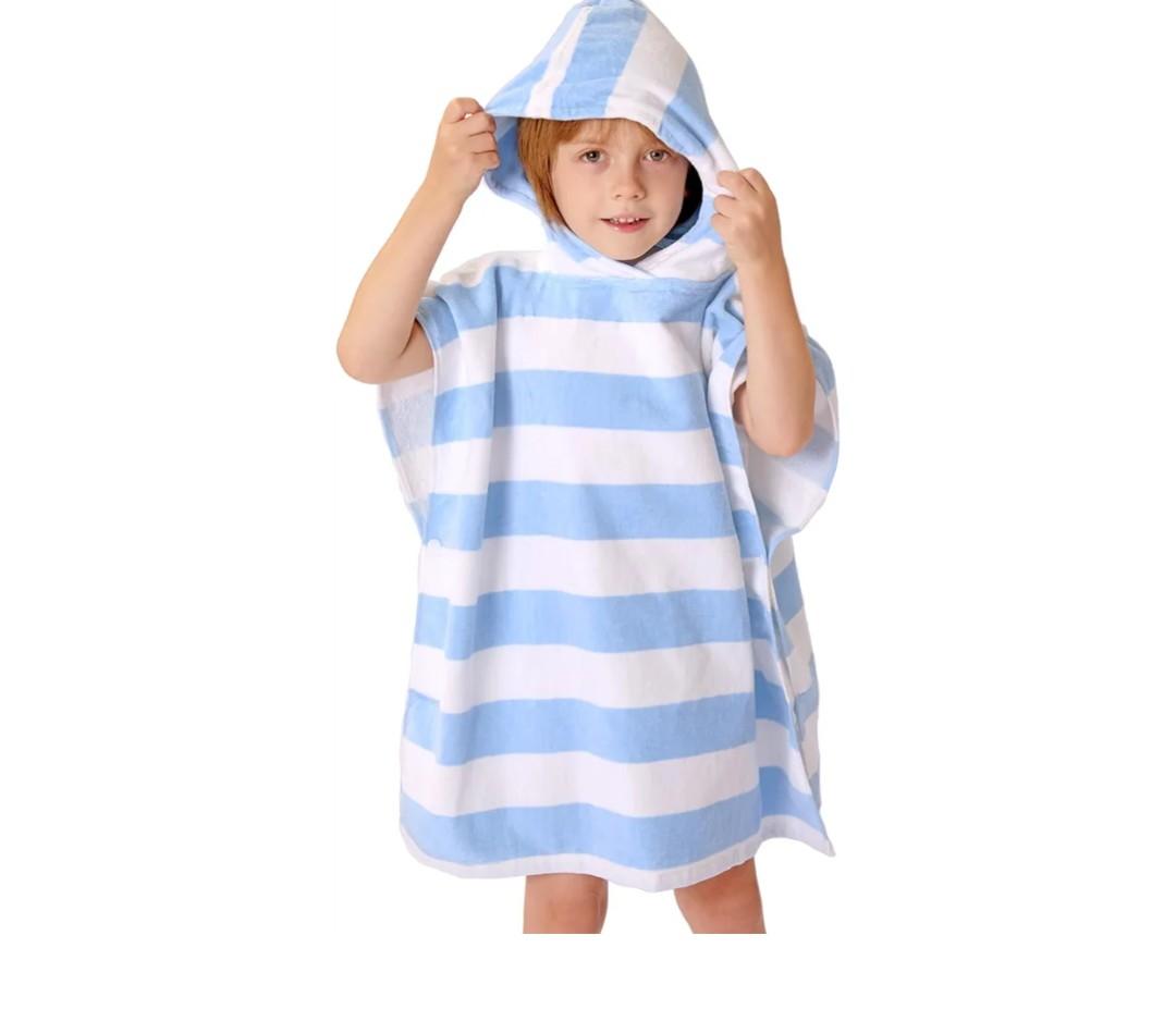 Toddler Bath Towel Poncho Thick Cotton Striped Beach Towels for Kids Gifts (2-6, Blue)